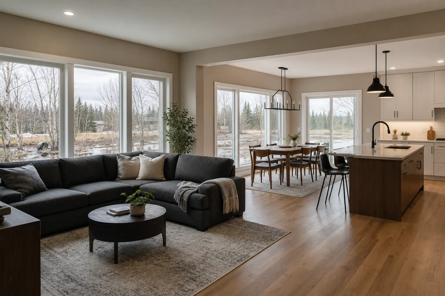 Open living remodel photographed in Alaska spring light