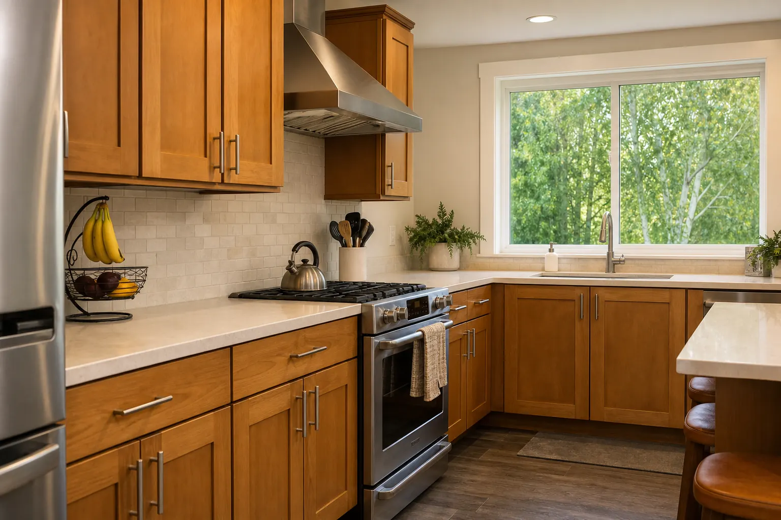 Remodeled Alaska kitchen with maple cabinets and summer birch outside